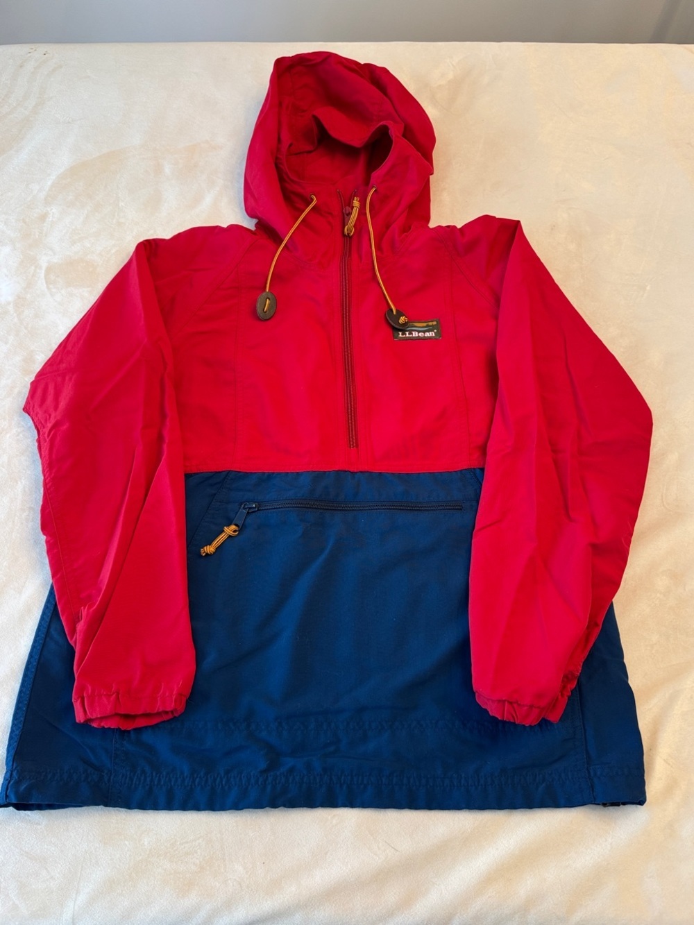 LL Bean Mountain Classic Anorak Women's Red/Blue Hooded 1/2 Zip Pullover, sz XSP